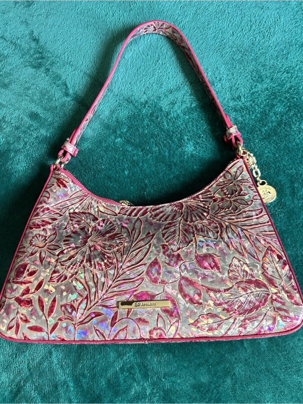 Brahmin Pink Iridescent Embossed Floral Shoulder Bag